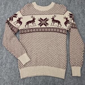 Aspen Sweater Men Small Beige Fair Isle Reindeer Wool Cotton Blend Knit Pullover